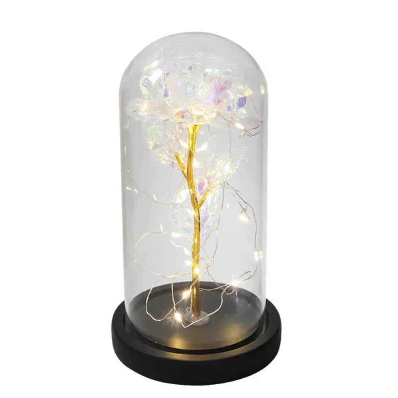 LED-Rose im Glas | Dekolampe mit warmweißem Licht, Holzsockel und Galaxy-Effekt als romantisches Geschenk