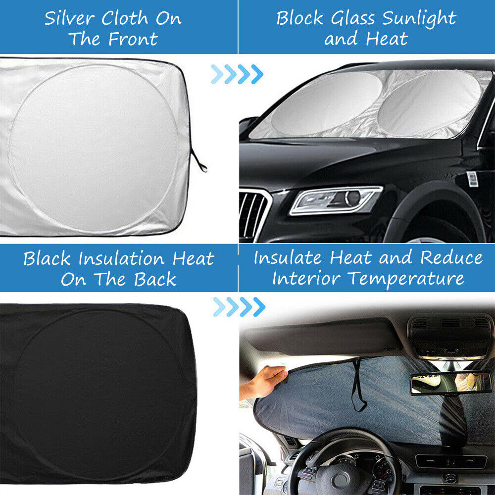 Car Windshield Sunshade Medium Size | UV &amp; Heat Protection for Small Cars | Foldable with Bag | Includes Steering Wheel Cover