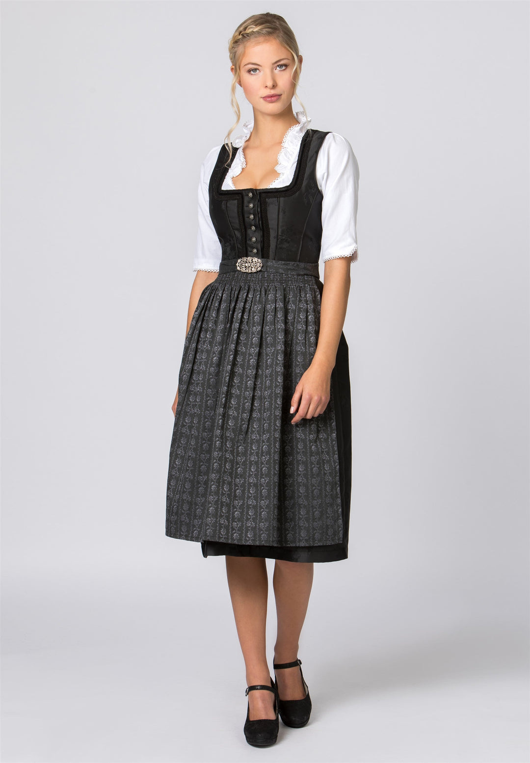 Dirndlschürze 70 cm | Anthrazitfarbene Trachtenschürze mit Bindebändern und silberfarbener Schnalle für Dirndl