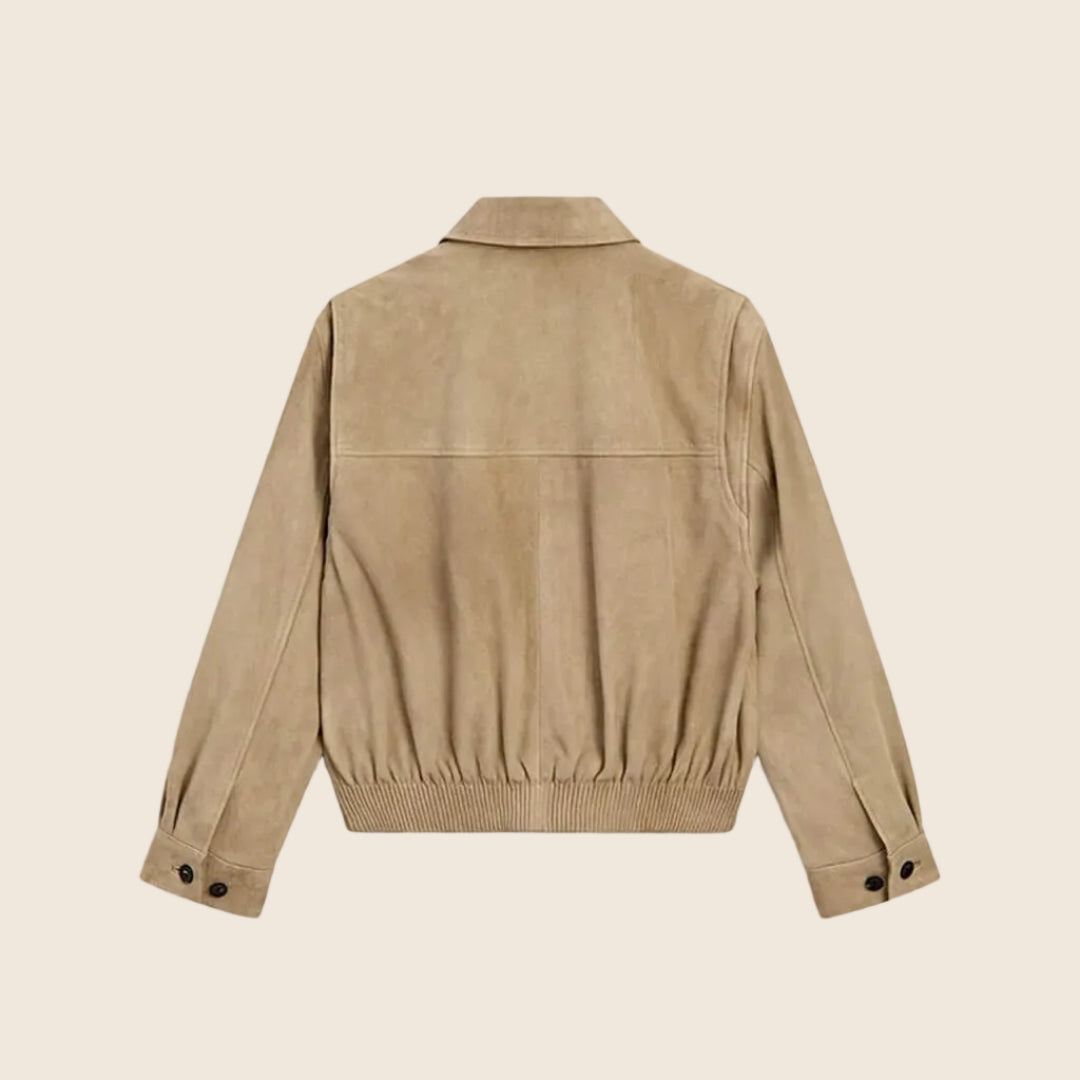 Damen Bomberjacke aus Wildlederimitat in Beige | Kurze Jacke mit lockerer Passform, Reißverschluss und Seitentaschen für Alltag und Freizeit