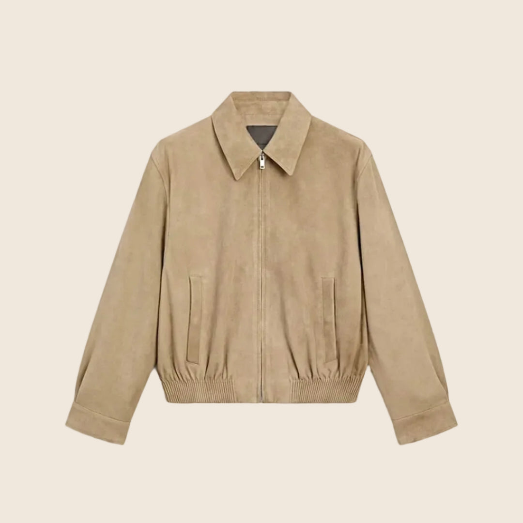 Damen Bomberjacke aus Wildlederimitat in Beige | Kurze Jacke mit lockerer Passform, Reißverschluss und Seitentaschen für Alltag und Freizeit