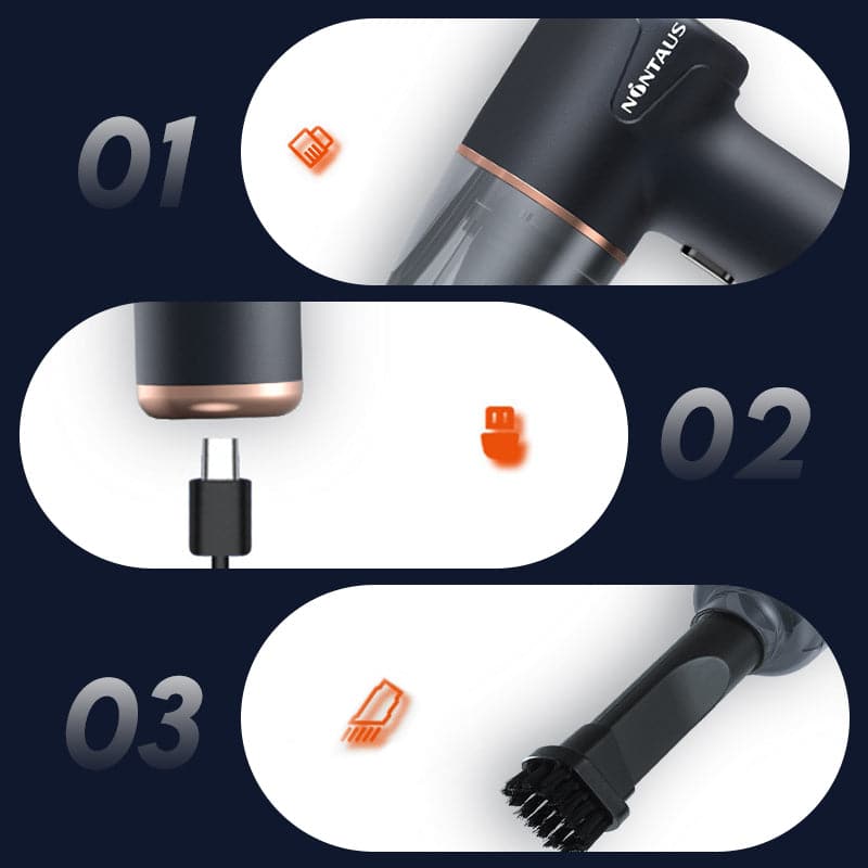 3-in-1 Mini Akku-Staubsauger kabellos | Saugen, Blasen &amp; Aufpumpen | 60W, Typ-C, 291 g, 125 ml Behälter