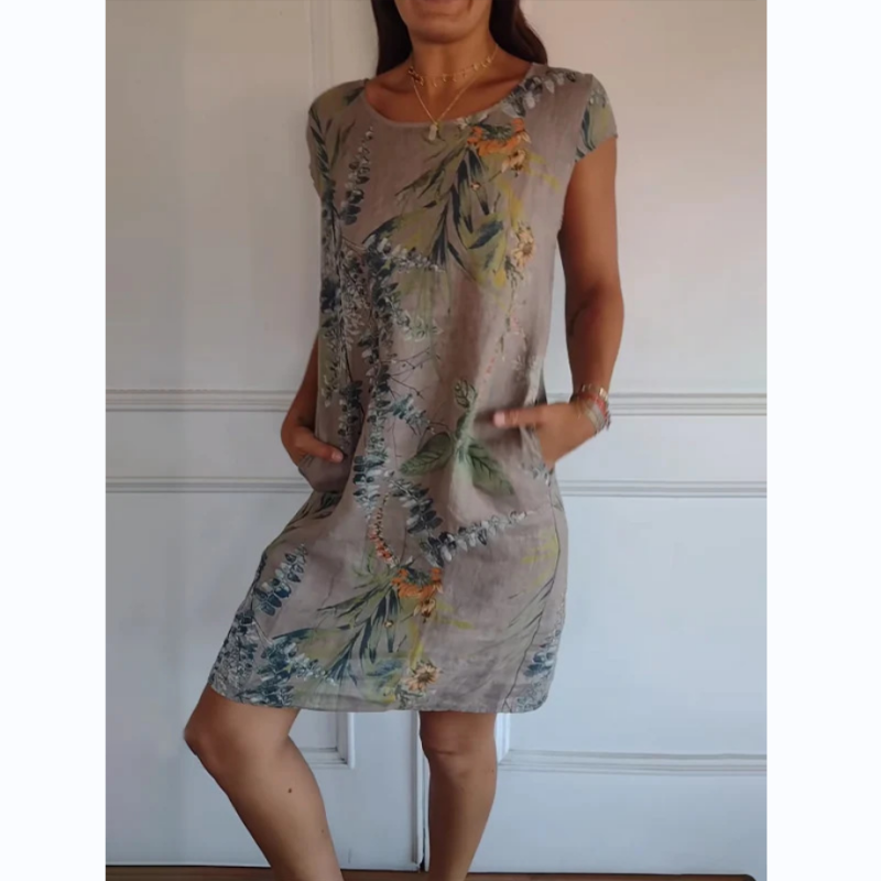 Damen Kleid mit botanischem Print &amp; Rundhalsausschnitt | Kurze Ärmel, schmeichelhafte Passform | Leicht &amp; vielseitig, M–2XL