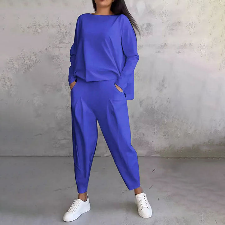 Női 2 részes szett kerek nyakú hosszú ujjú felsővel és nadrággal | Egyszínű, laza és kényelmes | Zsebekkel | S–3XL