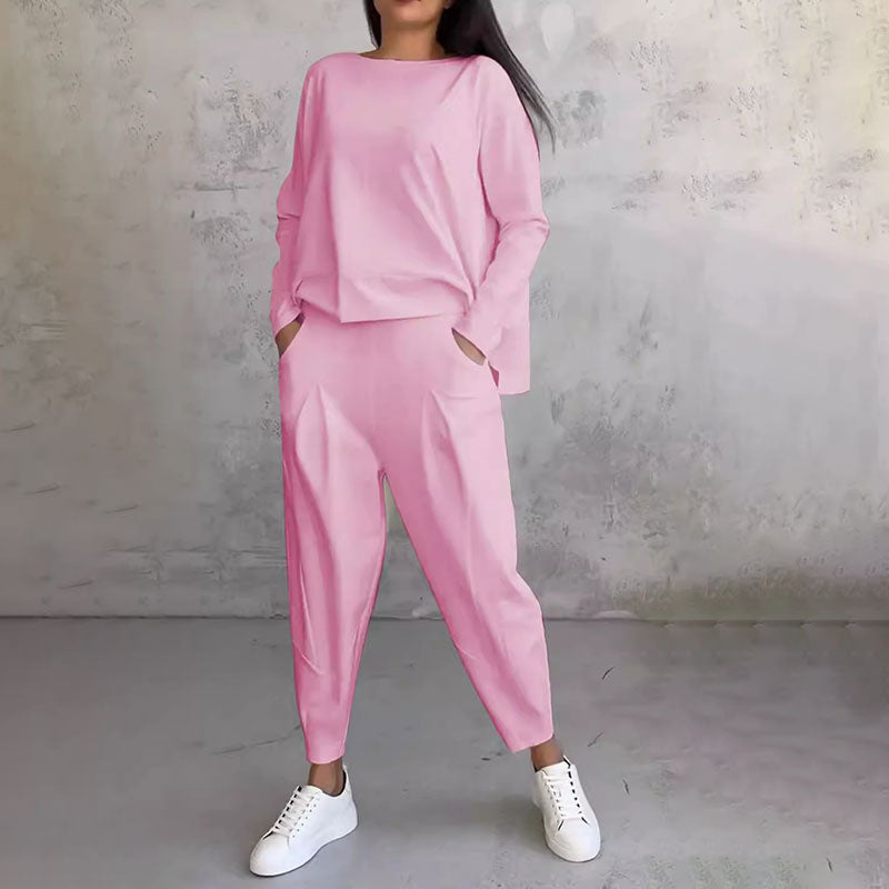 Női 2 részes szett kerek nyakú hosszú ujjú felsővel és nadrággal | Egyszínű, laza és kényelmes | Zsebekkel | S–3XL