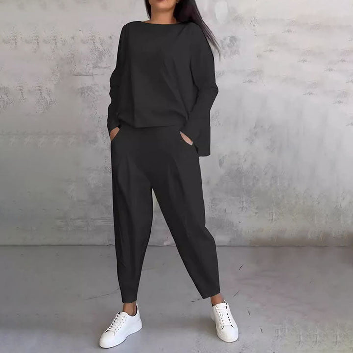 Női 2 részes szett kerek nyakú hosszú ujjú felsővel és nadrággal | Egyszínű, laza és kényelmes | Zsebekkel | S–3XL