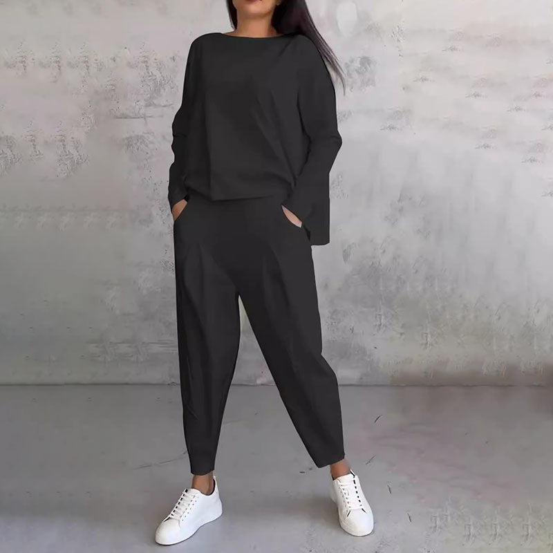 Női 2 részes szett kerek nyakú hosszú ujjú felsővel és nadrággal | Egyszínű, laza és kényelmes | Zsebekkel | S–3XL