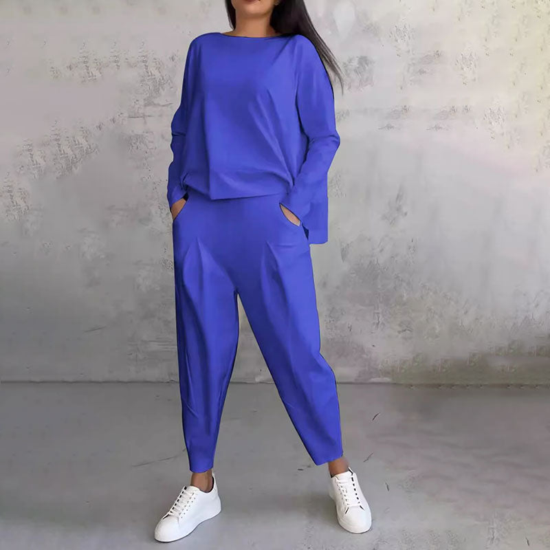 Női 2 részes szett kerek nyakú hosszú ujjú felsővel és nadrággal | Egyszínű, laza és kényelmes | Zsebekkel | S–3XL