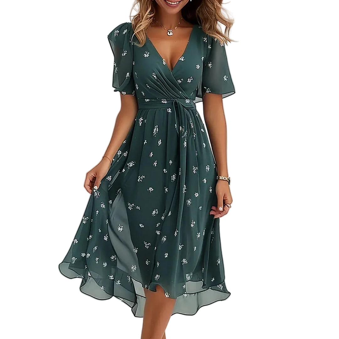 Blaues Damen Midikleid mit V-Ausschnitt &amp; floralem Print | Flatterärmel, A-Linie | Leicht &amp; atmungsaktiv | Für Sommer &amp; Events
