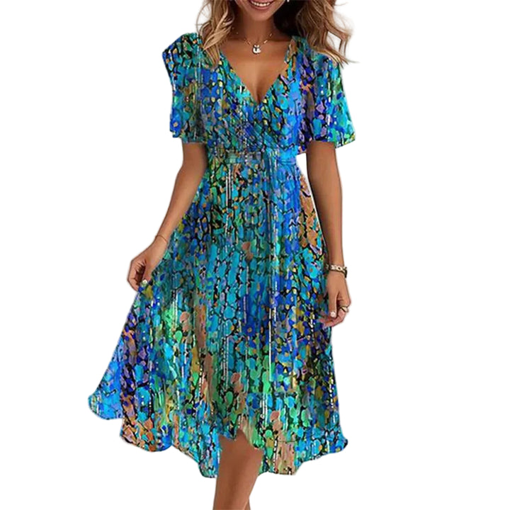 Blaues Damen Midikleid mit V-Ausschnitt &amp; floralem Print | Flatterärmel, A-Linie | Leicht &amp; atmungsaktiv | Für Sommer &amp; Events