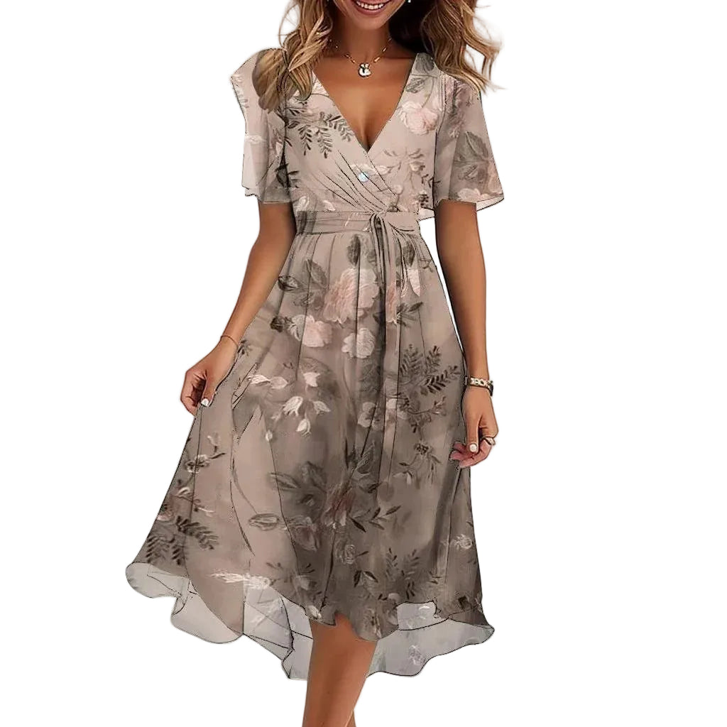 Blaues Damen Midikleid mit V-Ausschnitt &amp; floralem Print | Flatterärmel, A-Linie | Leicht &amp; atmungsaktiv | Für Sommer &amp; Events