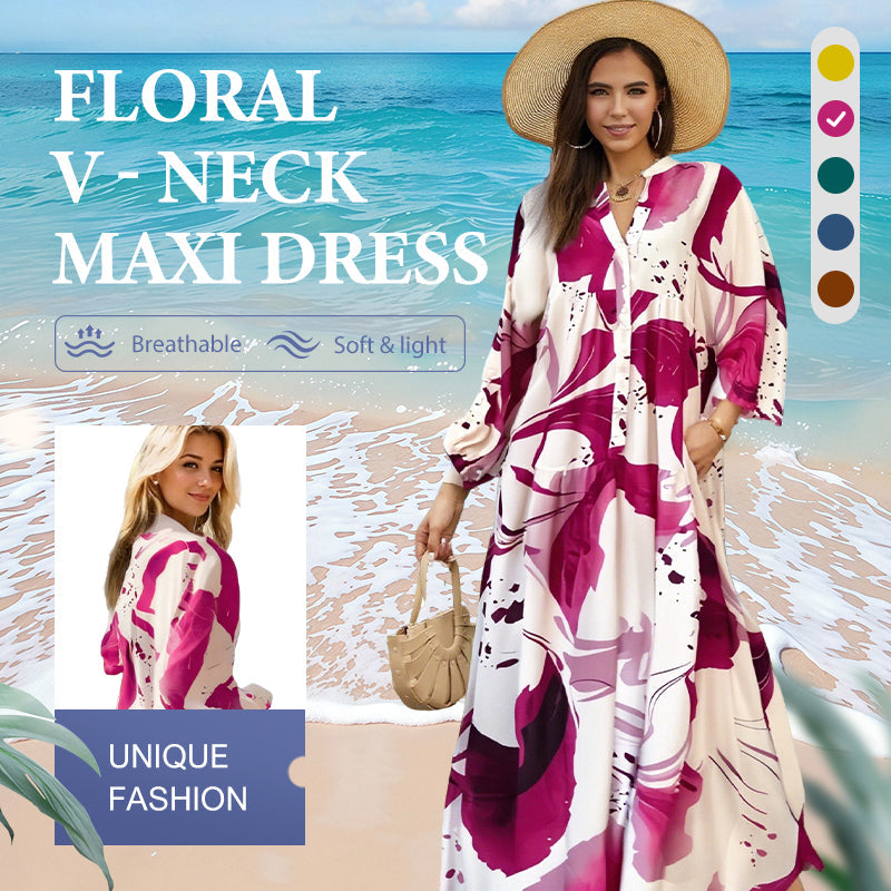 Robe maxi fleurie femme avec col en V | Motif floral abstrait &amp; couches fluides | Légère, opaque, S–4XL