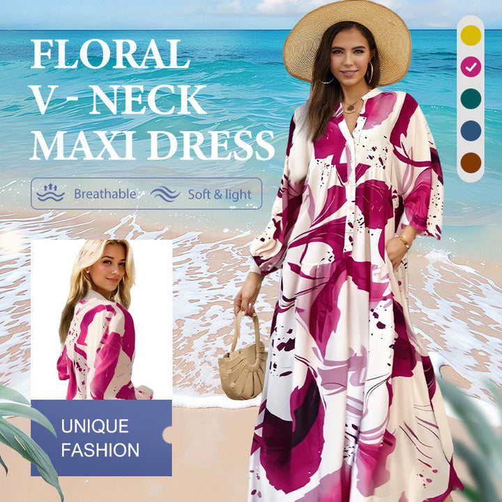 Robe maxi fleurie femme avec col en V | Motif floral abstrait &amp; couches fluides | Légère, opaque, S–4XL