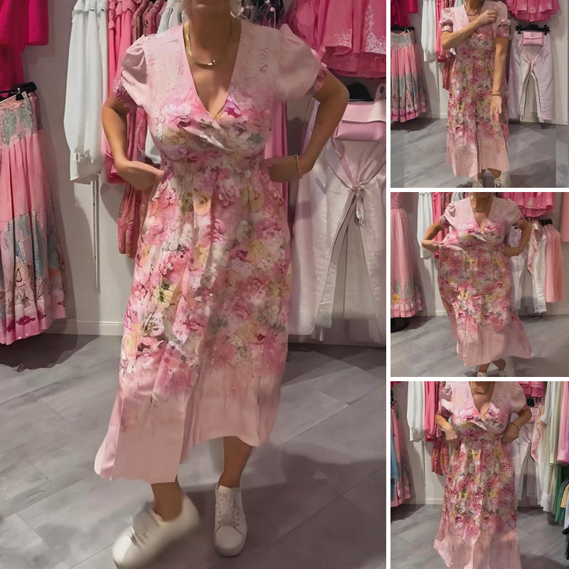 Langes Kleid in Rosa/Lila mit V-Ausschnitt &amp; floralem Muster | Puffärmel, luftig &amp; elegant | für Hochzeit, Party &amp; Alltag