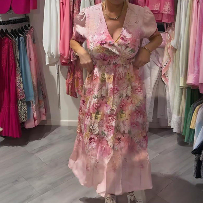 Langes Kleid in Rosa/Lila mit V-Ausschnitt &amp; floralem Muster | Puffärmel, luftig &amp; elegant | für Hochzeit, Party &amp; Alltag