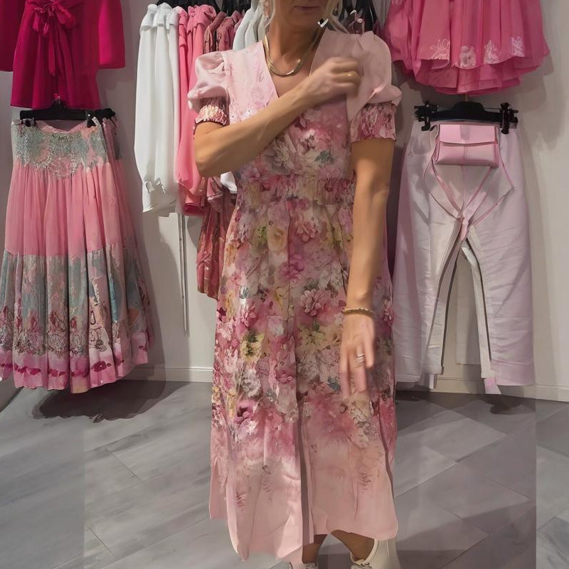 Langes Kleid in Rosa/Lila mit V-Ausschnitt &amp; floralem Muster | Puffärmel, luftig &amp; elegant | für Hochzeit, Party &amp; Alltag