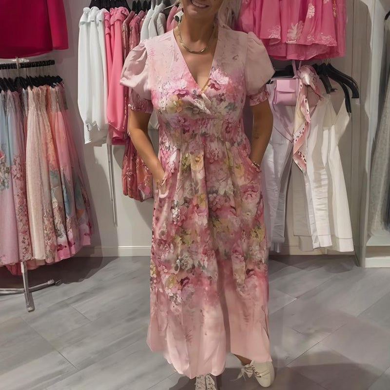 Langes Kleid in Rosa/Lila mit V-Ausschnitt &amp; floralem Muster | Puffärmel, luftig &amp; elegant | für Hochzeit, Party &amp; Alltag