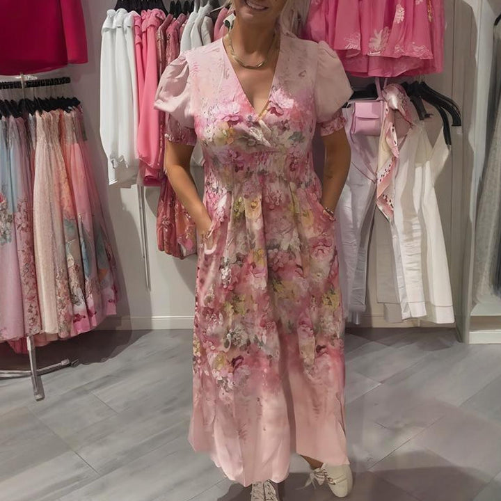 Langes Kleid in Rosa/Lila mit V-Ausschnitt &amp; floralem Muster | Puffärmel, luftig &amp; elegant | für Hochzeit, Party &amp; Alltag