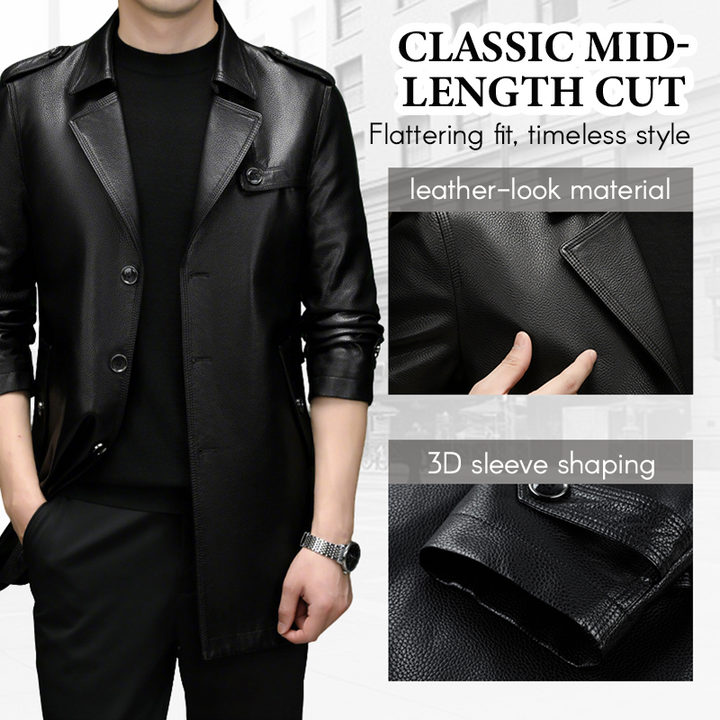 Herren Kunstlederjacke mittellang | Winddichte Jacke mit klassischem Kragen