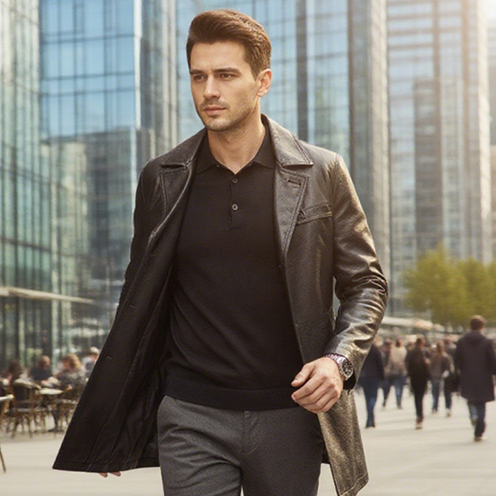 Herren Kunstlederjacke mittellang | Winddichte Jacke mit klassischem Kragen