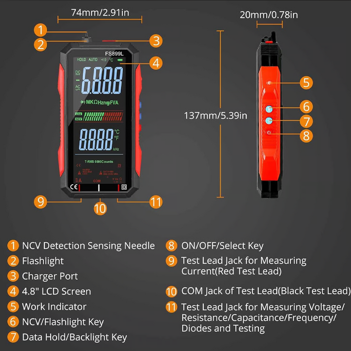 Digitalmultimeter | USB-aufladbares Messgerät mit Auto-Range und beleuchtetem LCD-Display für Spannung und Strom