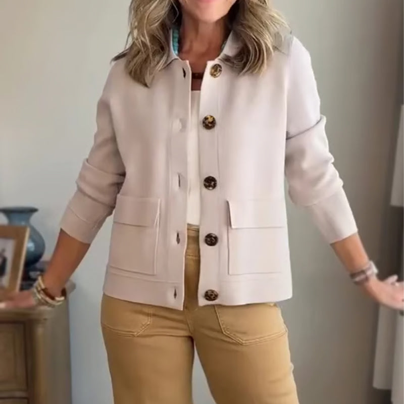 Damen Freizeitjacke in Weiß | Einfarbige Übergangsjacke mit Umlegekragen, Knopfverschluss und Seitentaschen für Herbst und Winter