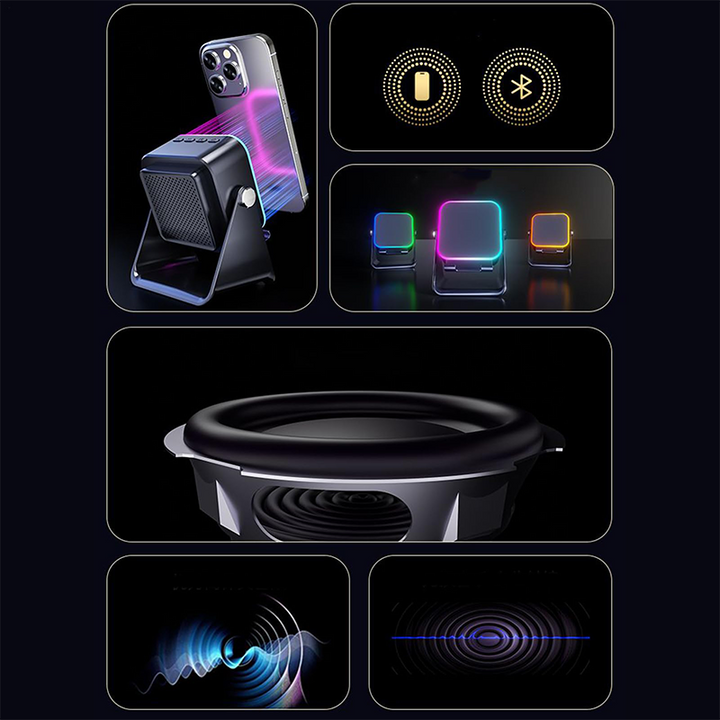 Bluetooth Lautsprecher | 5-in-1 Speaker mit Handyhalterung, Induktionssound, Bluetooth 5.3, Ambient-Licht und 2000-mAh-Akku