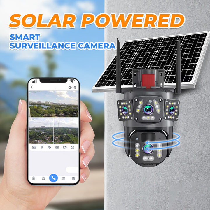 Solar WLAN Außenkamera 6K/9MP mit 360° PTZ | 3 Objektive, 10-fach Zoom &amp; Farb-Nachtsicht | Kabellose Überwachung mit IP66