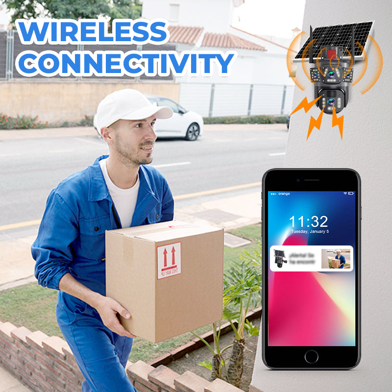 Solar WLAN Außenkamera 6K/9MP mit 360° PTZ | 3 Objektive, 10-fach Zoom &amp; Farb-Nachtsicht | Kabellose Überwachung mit IP66