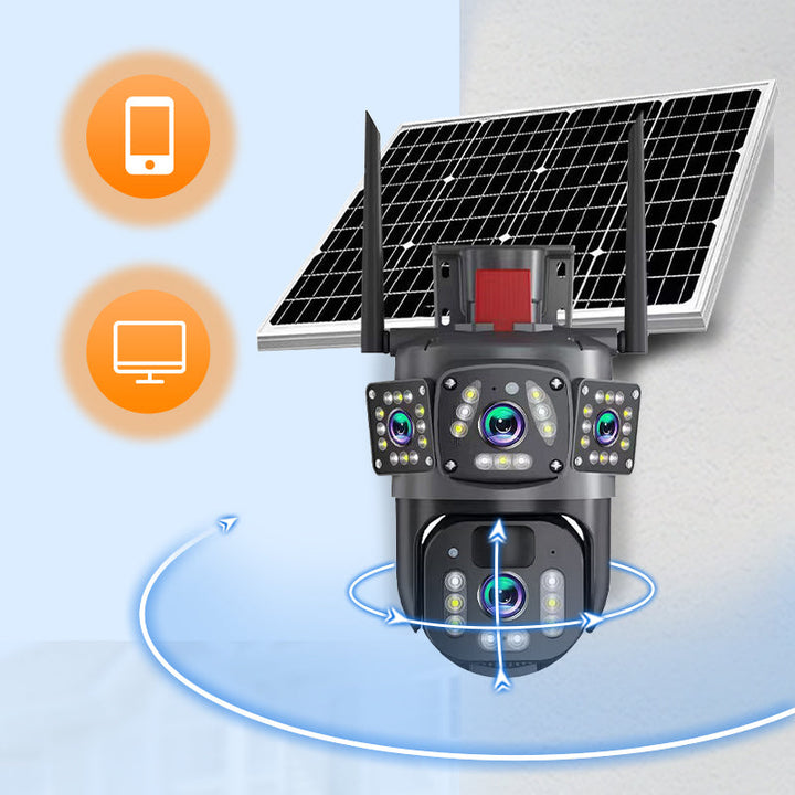 Solar WLAN Außenkamera 6K/9MP mit 360° PTZ | 3 Objektive, 10-fach Zoom &amp; Farb-Nachtsicht | Kabellose Überwachung mit IP66