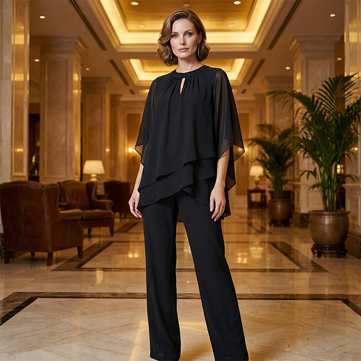Damen Zweiteiler mit asymmetrischer Bluse | Mehrlagiges Oberteil und weite Hose mit lockerem, fließendem Schnitt