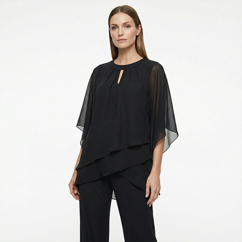 Damen Zweiteiler mit asymmetrischer Bluse | Mehrlagiges Oberteil und weite Hose mit lockerem, fließendem Schnitt