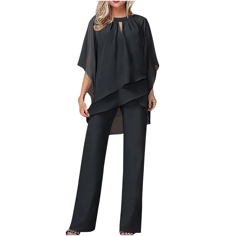 Damen Zweiteiler mit asymmetrischer Bluse | Mehrlagiges Oberteil und weite Hose mit lockerem, fließendem Schnitt