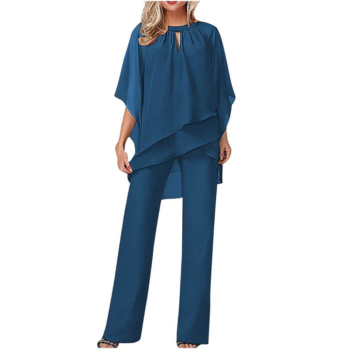 Damen Zweiteiler mit asymmetrischer Bluse | Mehrlagiges Oberteil und weite Hose mit lockerem, fließendem Schnitt