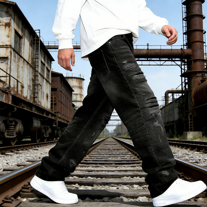 Herren Patchwork Jeans | Lässige Straight-Leg-Jeans mit weitem Schnitt im Y2K-Stil für Streetwear &amp; Freizeit