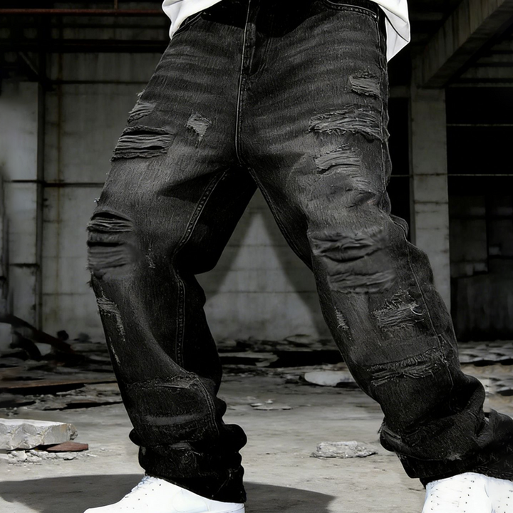 Herren Patchwork Jeans | Lässige Straight-Leg-Jeans mit weitem Schnitt im Y2K-Stil für Streetwear &amp; Freizeit