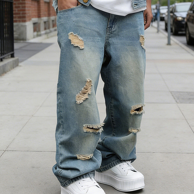Herren Ripped Jeans in Übergröße | Lockere Straight-Leg-Jeans mit Used-Effekt &amp; weitem Schnitt für Alltag &amp; Streetwear