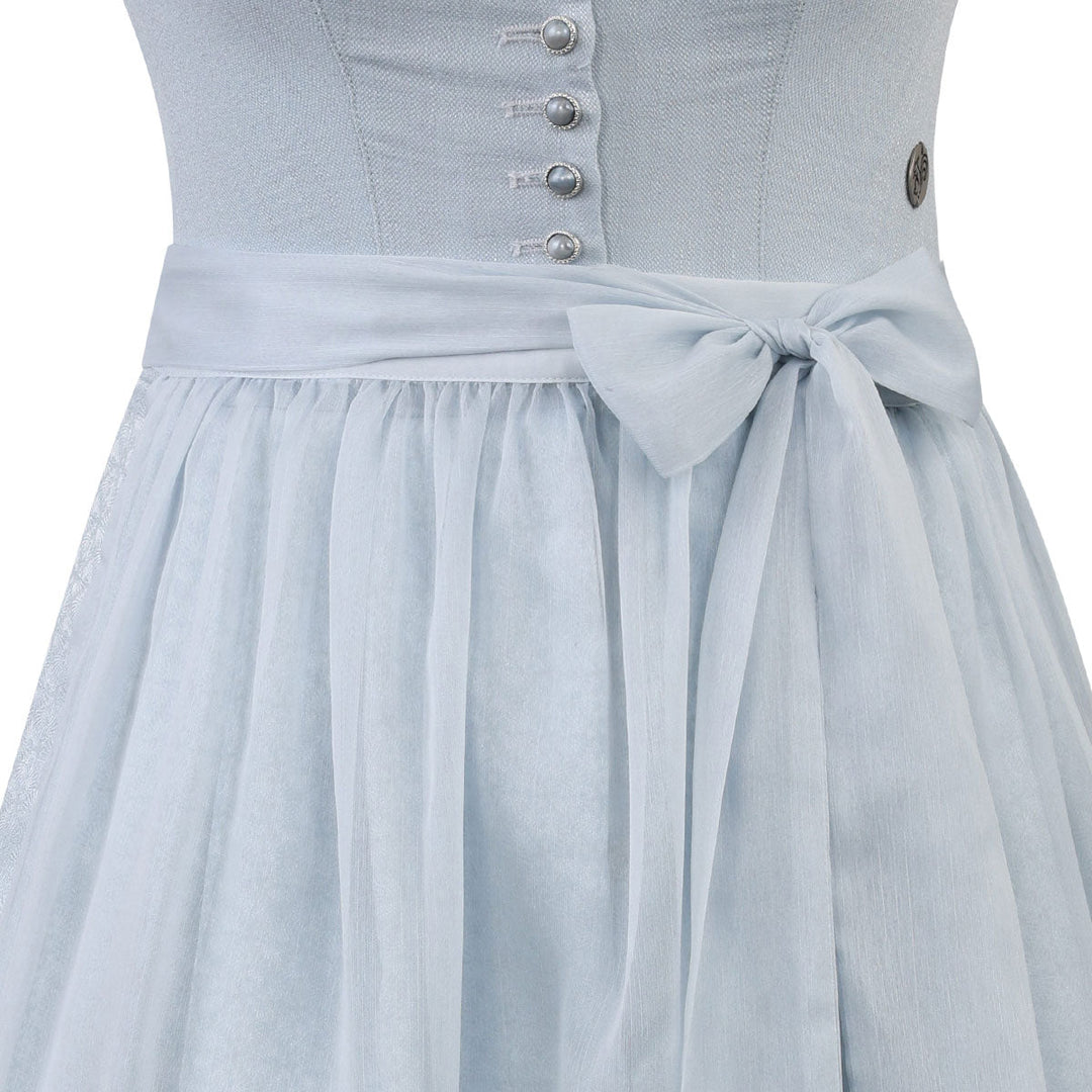 Damen Dirndl Hellblau | Midi Trachtenkleid mit Knopfleiste, Froschgoscherl-Borte und 70 cm Rocklänge