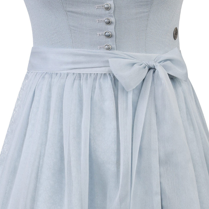 Damen Dirndl Hellblau | Midi Trachtenkleid mit Knopfleiste, Froschgoscherl-Borte und 70 cm Rocklänge