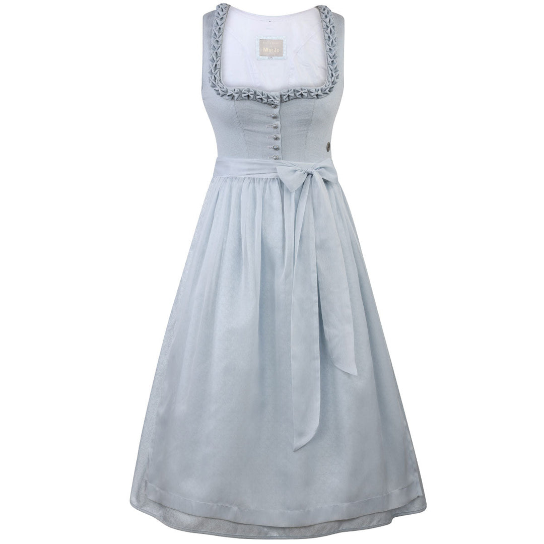 Damen Dirndl Hellblau | Midi Trachtenkleid mit Knopfleiste, Froschgoscherl-Borte und 70 cm Rocklänge