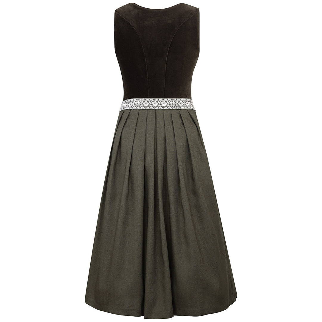 Damen Dirndl Moosgrün | Midi Samtdirndl mit Perlenknöpfen, Fischgrät-Schürze und 70 cm Rocklänge