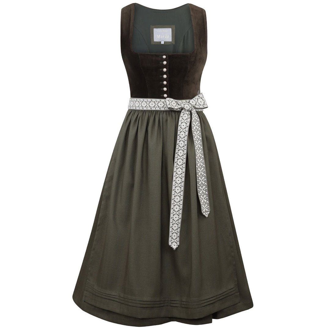 Damen Dirndl Moosgrün | Midi Samtdirndl mit Perlenknöpfen, Fischgrät-Schürze und 70 cm Rocklänge