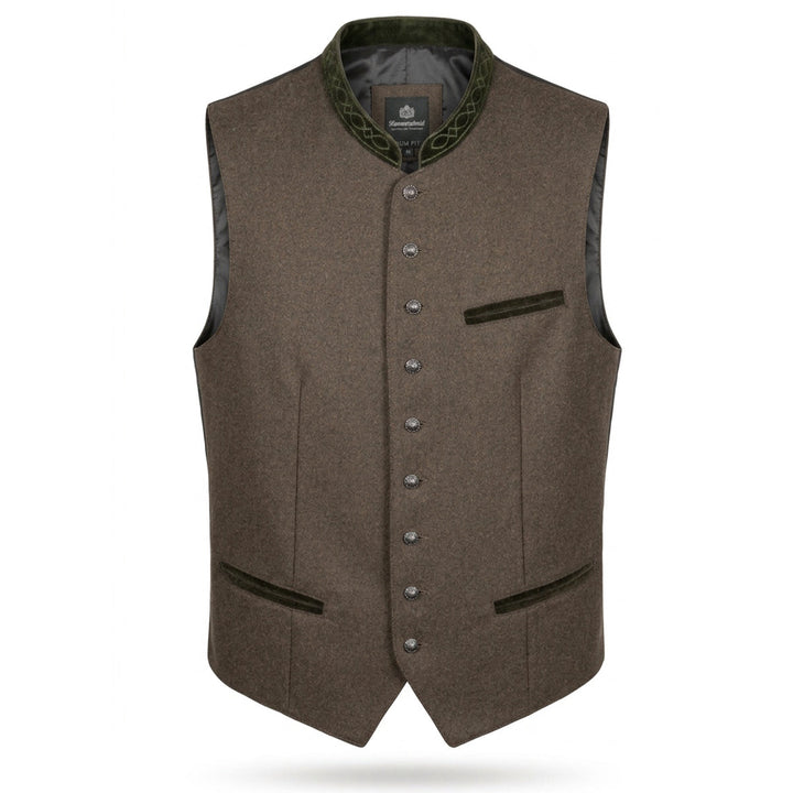 Herren Trachtenweste Oliv | Slim Fit Weste mit Stehkragen, Stickerei, Taschen und verstellbarem Rückenriegel