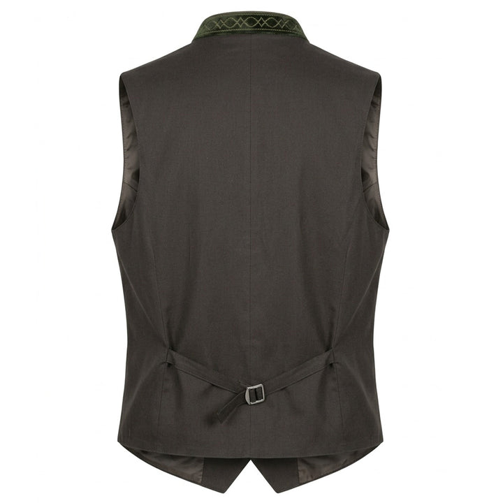 Herren Trachtenweste Oliv | Slim Fit Weste mit Stehkragen, Stickerei, Taschen und verstellbarem Rückenriegel