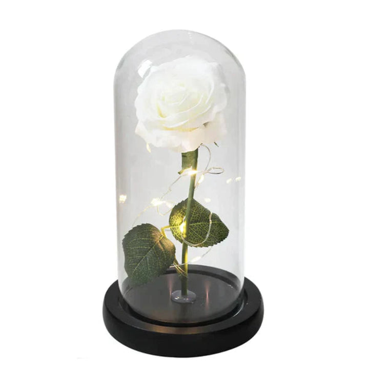 LED-Rose im Glas | Dekolampe mit warmweißem Licht, Holzsockel und Galaxy-Effekt als romantisches Geschenk