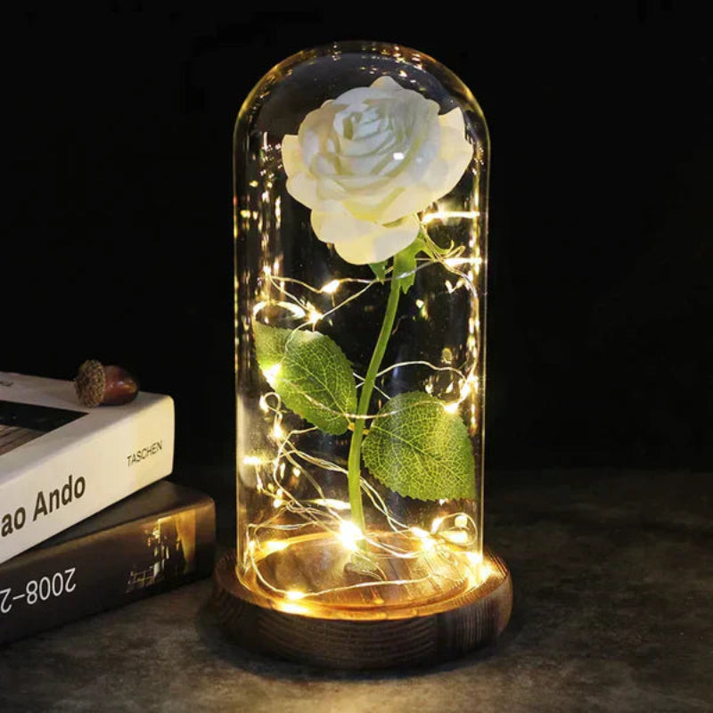 LED-Rose im Glas | Dekolampe mit warmweißem Licht, Holzsockel und Galaxy-Effekt als romantisches Geschenk