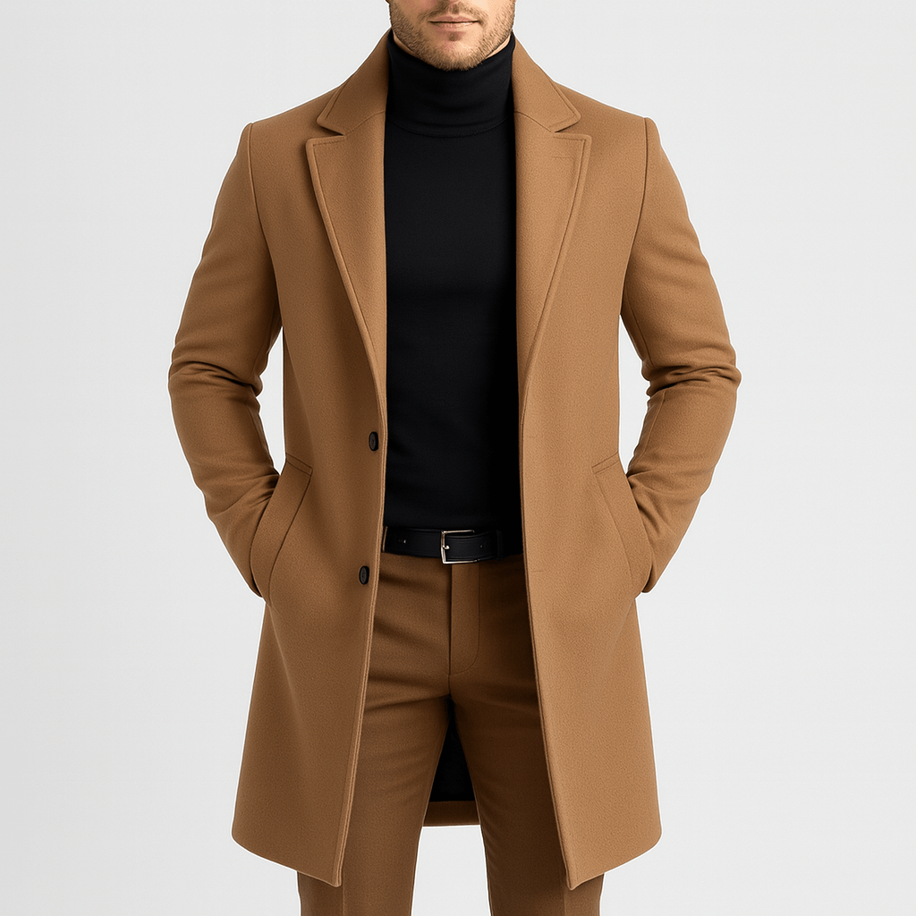 Herren Wollmantel mit Reverskragen | Klassischer langer Mantel mit Zwei-Knopf-Verschluss und seitlichen Eingrifftaschen für Business und Alltag