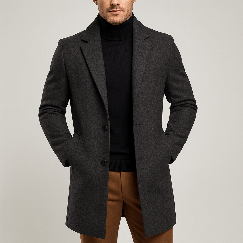 Herren Wollmantel mit Reverskragen | Klassischer langer Mantel mit Zwei-Knopf-Verschluss und seitlichen Eingrifftaschen für Business und Alltag