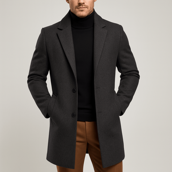 Herren Wollmantel mit Reverskragen | Klassischer langer Mantel mit Zwei-Knopf-Verschluss und seitlichen Eingrifftaschen für Business und Alltag