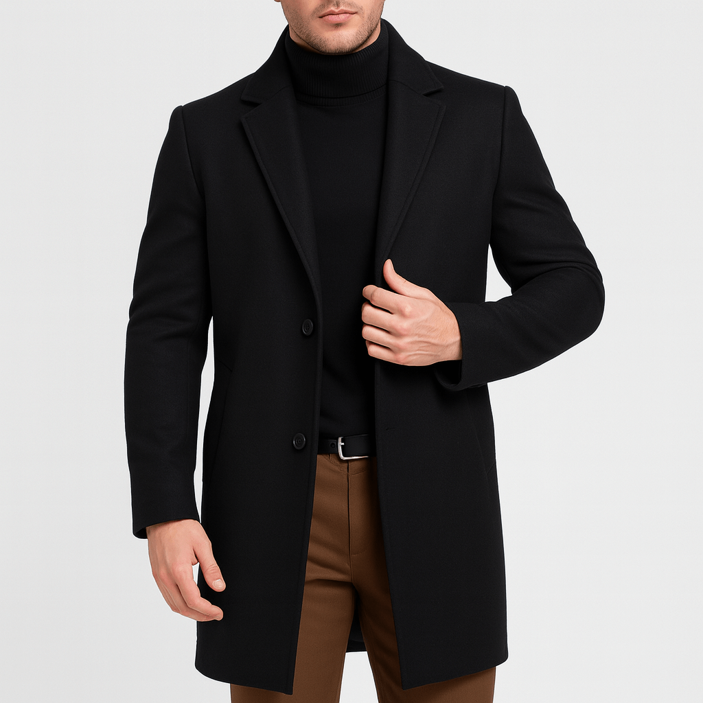 Herren Wollmantel mit Reverskragen | Klassischer langer Mantel mit Zwei-Knopf-Verschluss und seitlichen Eingrifftaschen für Business und Alltag